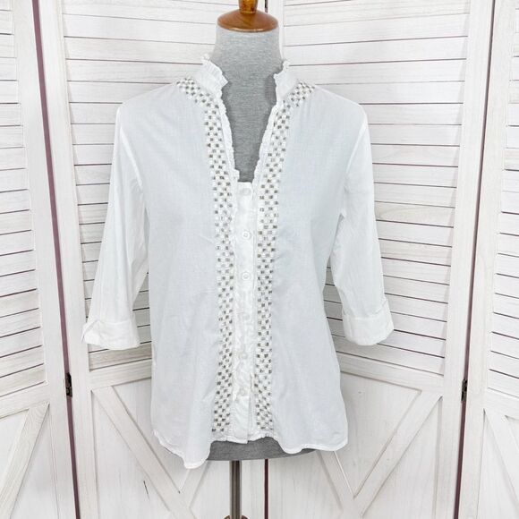 Chicos Beaded Ruffle Trim Button Front Shirt White Small - Picture 1 of 11